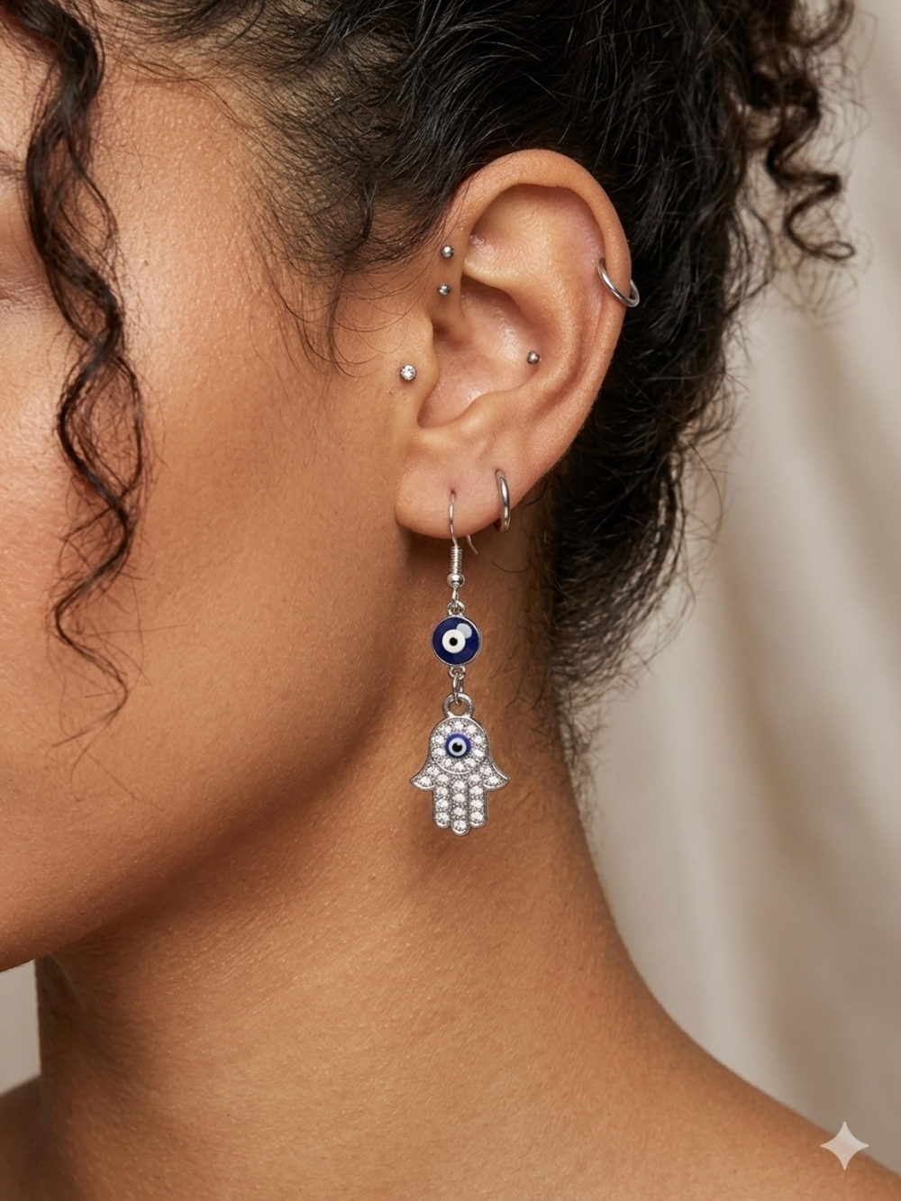 Dainty Silver Hamsa & Blue Evil Eye Drop Earrings